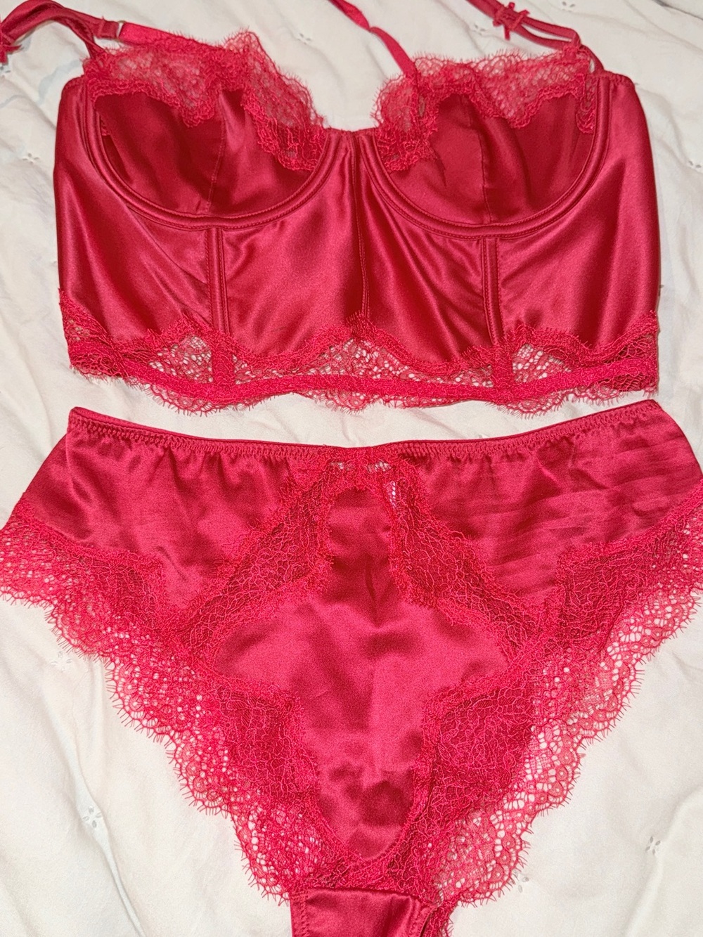 Victoria's Secret Red Satin Lace Longline Bra & High-Waist Brief Set